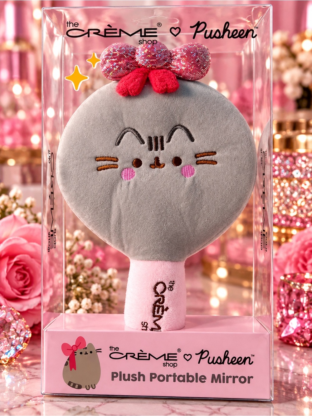 Pusheen x The Crème Shop Gray & Pink Plush Portable Mirror